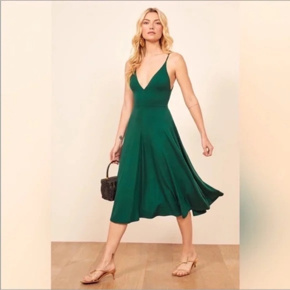 Reformation Strada Deep V Midi Dress, Emerald Green
